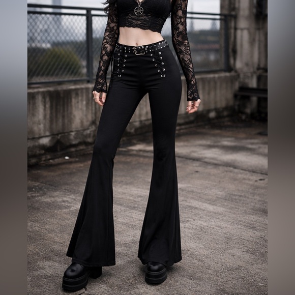 Pants - Black Lace Up Flare Pants S Gothic Y2K Bell Bottom High Rise Stretch Festival